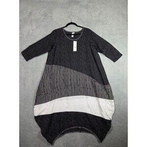 Womens Barrel Latern Maxi Dress M Black White Polka Dots Stripe Lagenlook